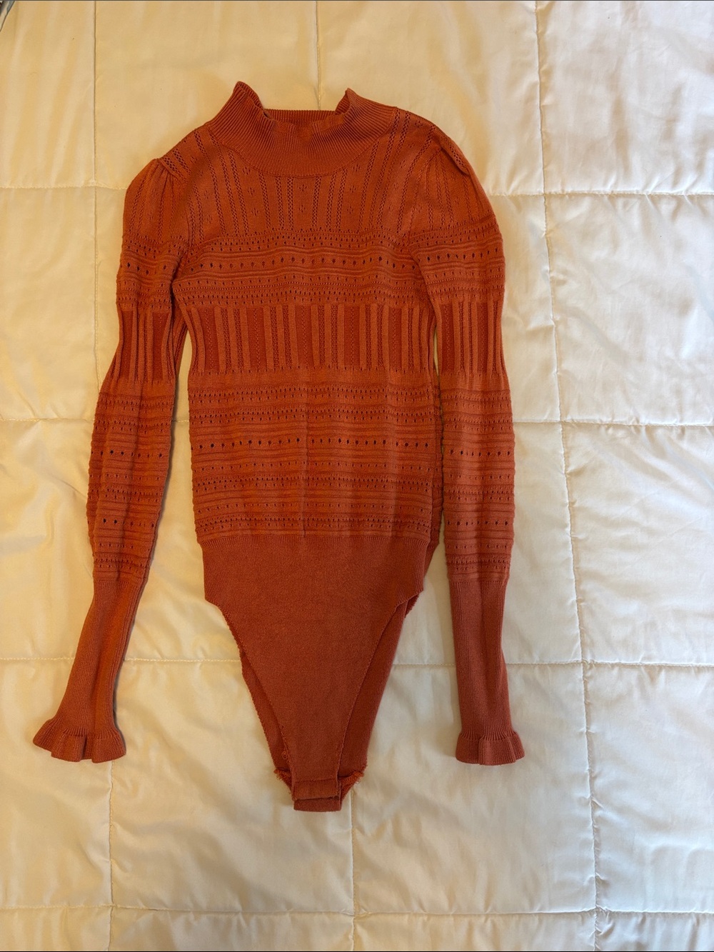 Free People Rust Pointelle Mock-Neck Long-Sleeve Bodysuit